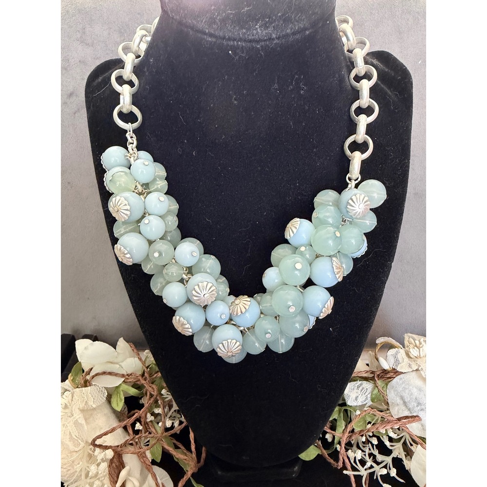 Aqua Blue Beaded Cluster Statement Necklace Silver Tone Boho Coastal Resortwear